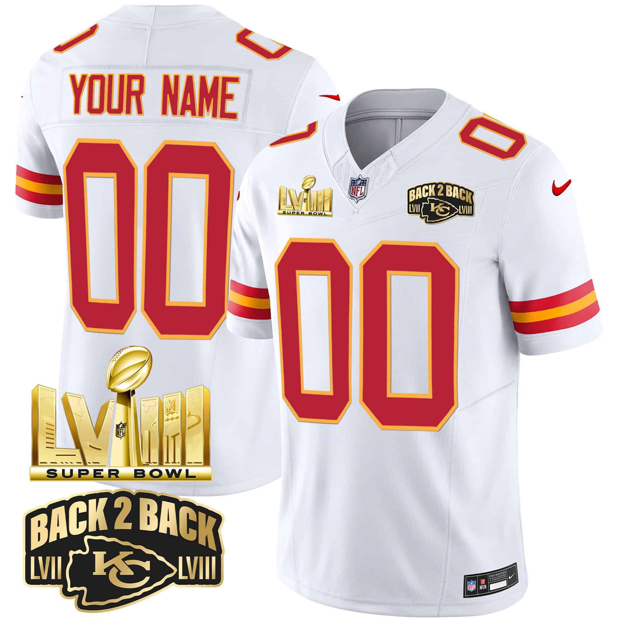 Men Kansas City Chiefs White 2024 Nike Super Bowl LVIII & Back-2-Back Gold Patch Vapor Custom NFL Jersey